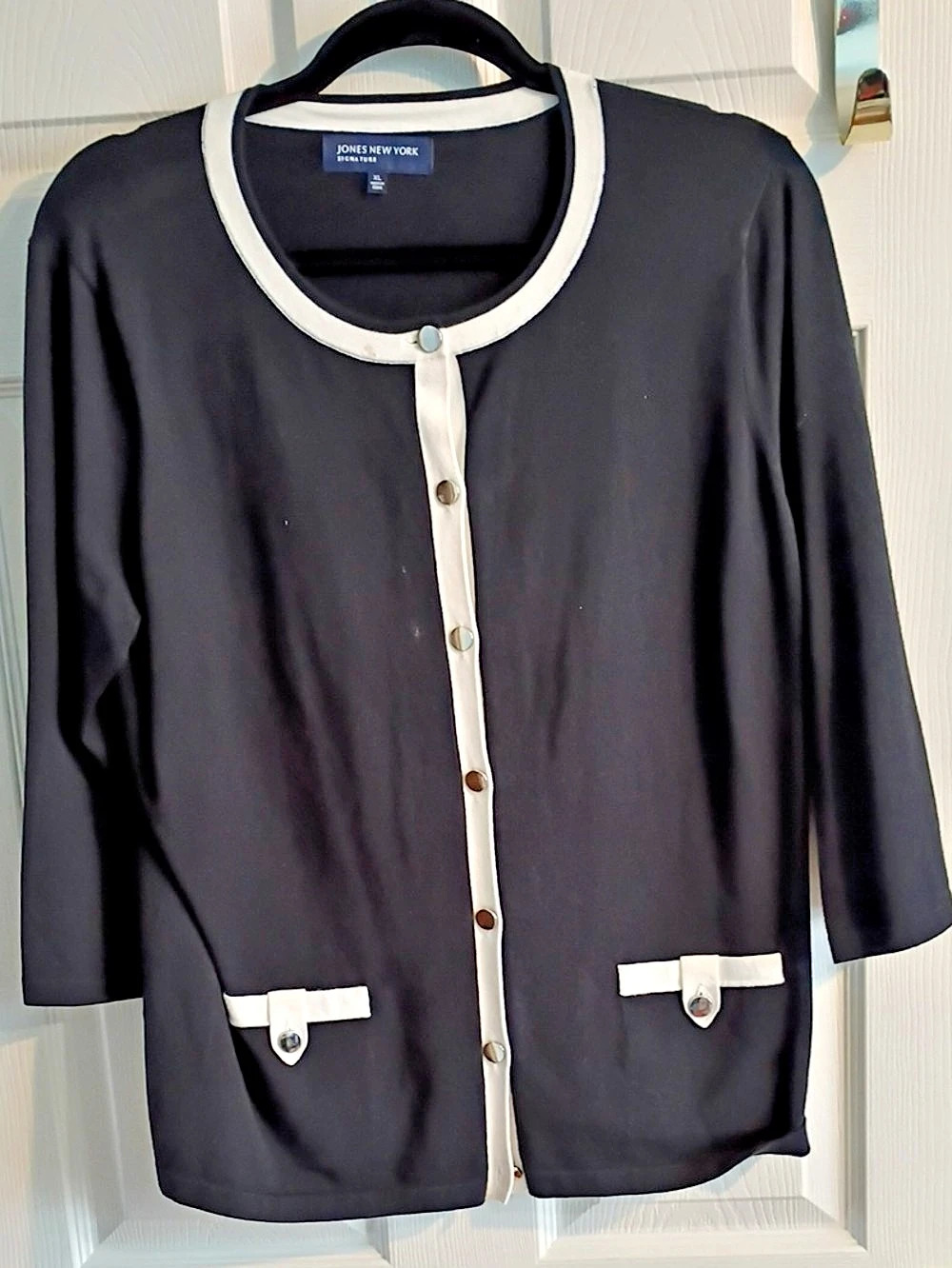 Jones New York Black & White Trim Cardigan Jacket XL Like New